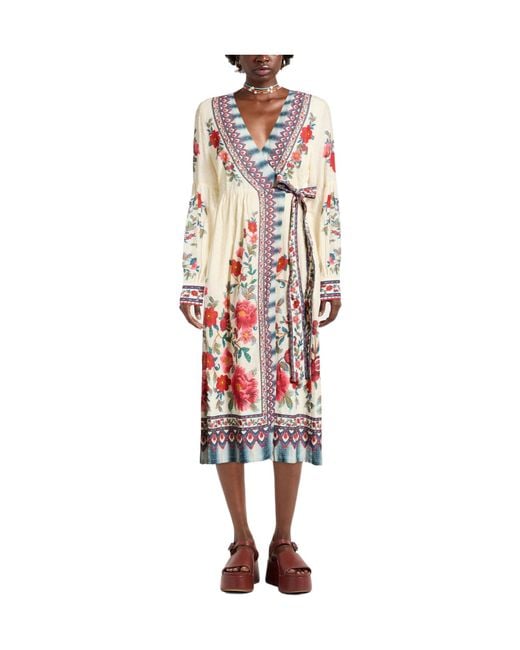 Farm Rio White Floral Long-Sleeve Wrap Dress