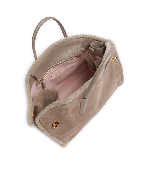 Coccinelle Natural Shearling-Trim Suede Shoulder Bag