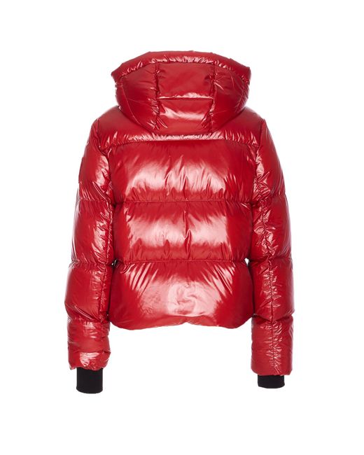 Moose Knuckles Red Quilted Hooded Jacket Zip Pockets