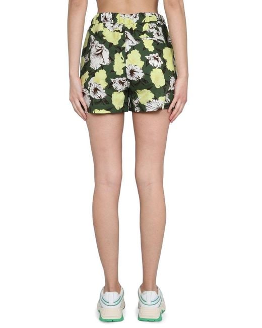 MSGM Green Floral Printed High Waist Shorts