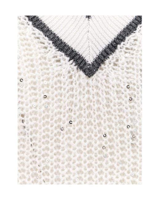 Brunello Cucinelli White V-Neck Sequin-Detailed Jumper