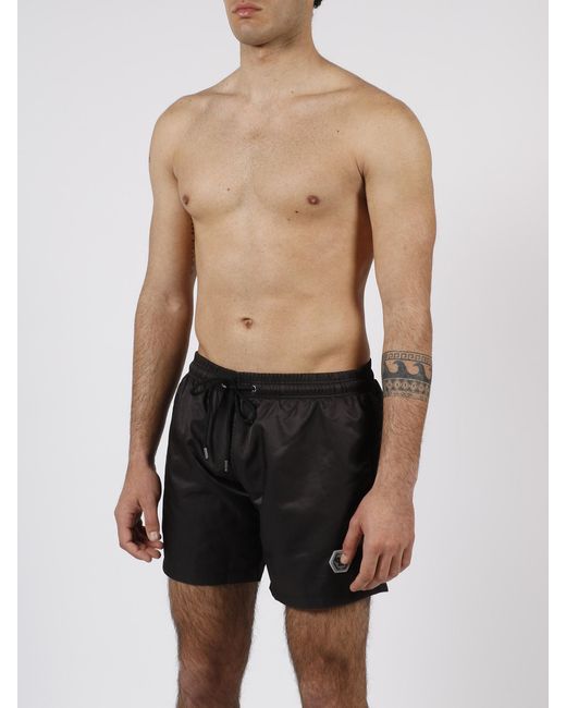 Philipp Plein Black Hexagon Logo-Patch Swim Shorts for men