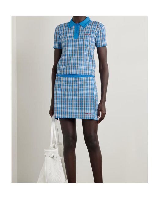 Marni Blue Checked Jacquard-Knit Polo Top