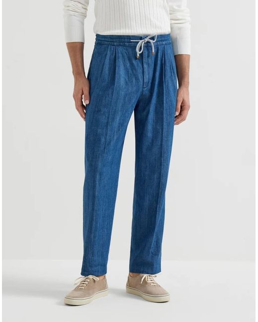 Brunello Cucinelli Blue Double Pleats Lightweight Denim Trousers for men