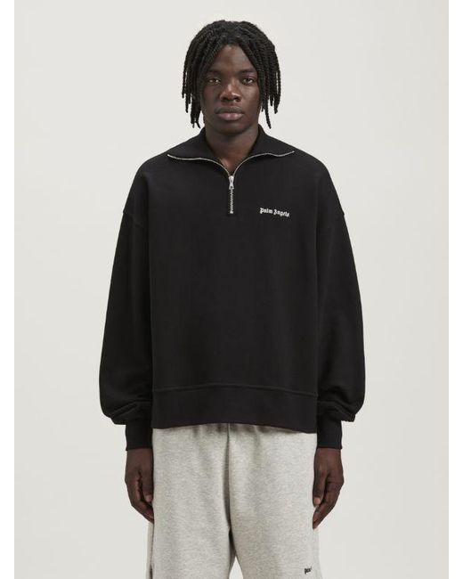 Palm Angels Black Logo-Embroidered Half-Zip Sweatshirt for men