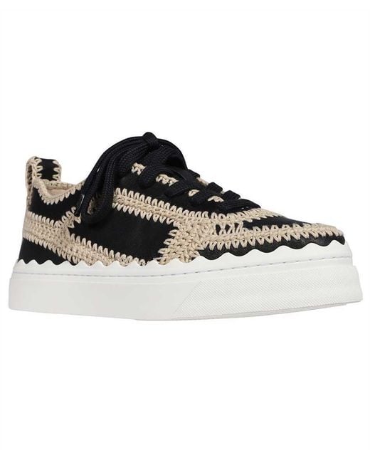 Chloé Black Crochet-Trim Low-Top Leather Sneakers