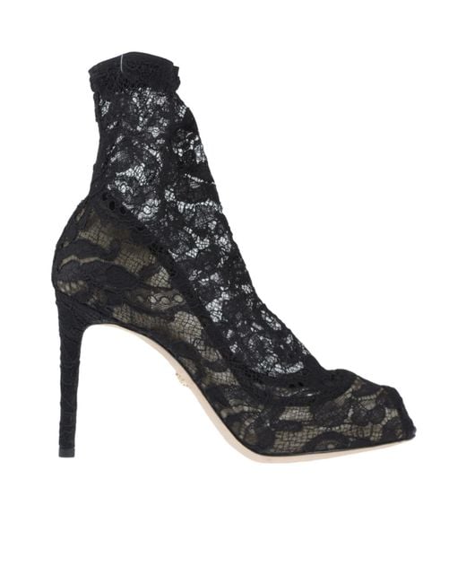 Dolce & Gabbana Black Lace Print Ankle Boots