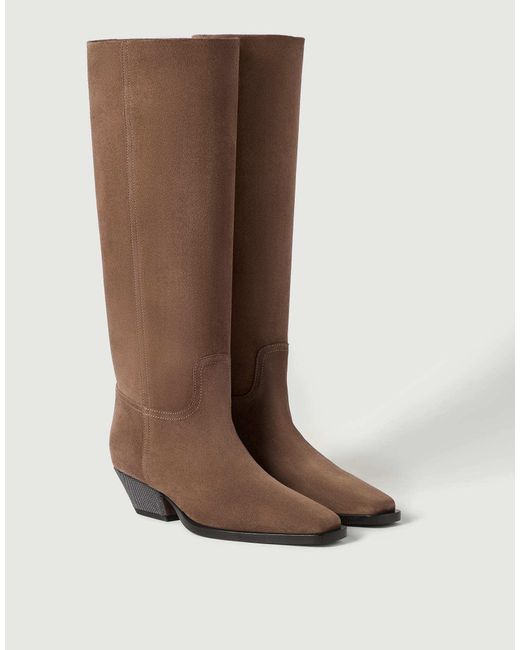 Brunello Cucinelli Brown Suede Boots With Precious Heel