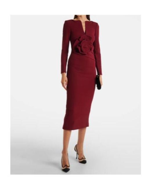 Roland Mouret Red Floral Wool Crepe Midi Dress