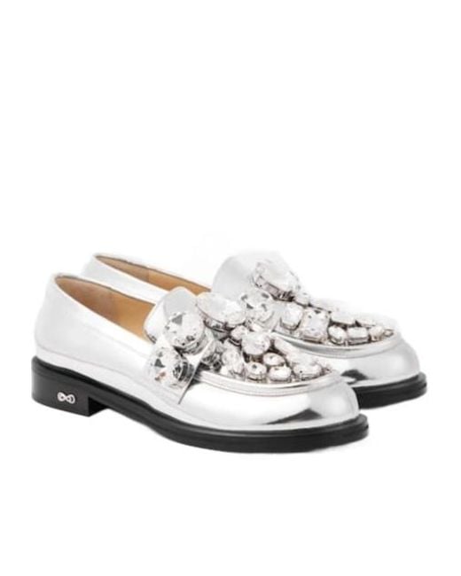 Mach & Mach White Crystal-Embellished Metallic Leather Loafers