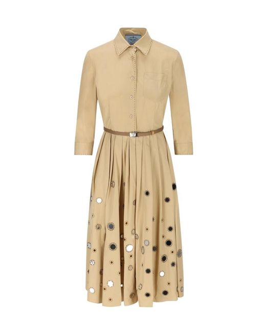 Prada Natural Long-Sleeved Belted Dress