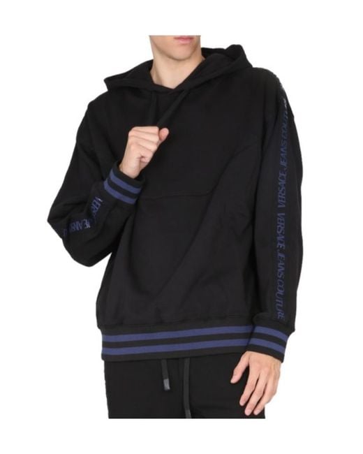 Versace Jeans Black Couture Logo Tape Drawstring Hoodie for men
