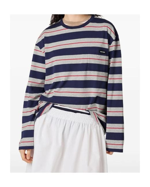 Miu Miu Blue Long-Sleeved Striped T-Shirt