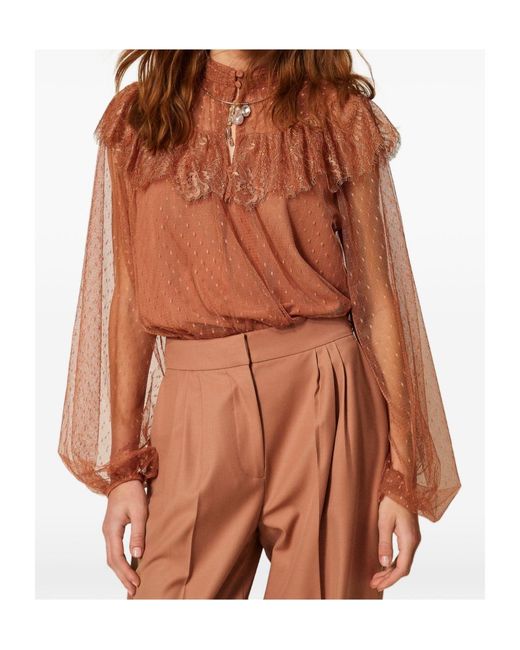 Twinset Brown Plumetis Laced Tulle Blouse