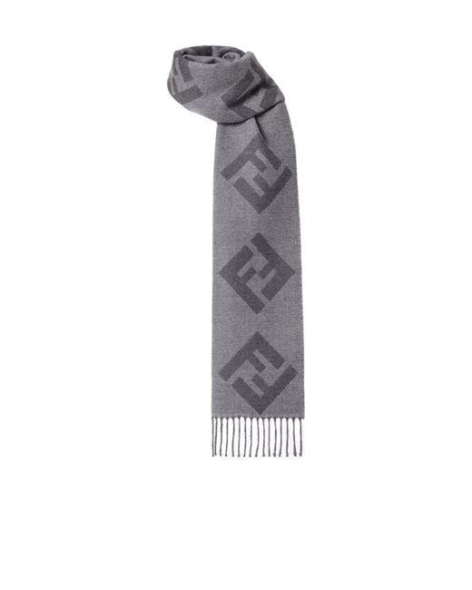 Fendi Gray Ff Jacquard Fringed-Edge Scarf for men