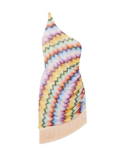 Missoni White One-Shoulder Fringed Printed Tulle Mini Dress