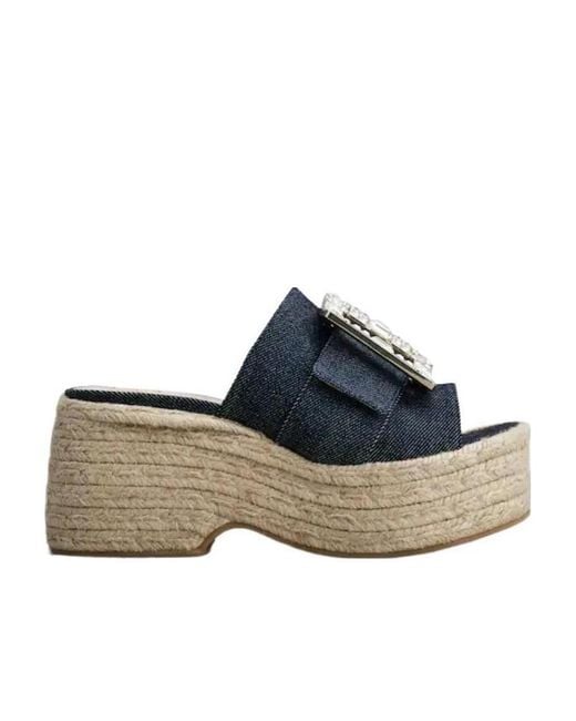 Roger Vivier Blue Strass Buckle Espadrille Platform Mule