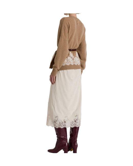 Alberta Ferretti Brown Cashmere Cardigan With Contrasting Lace Hem