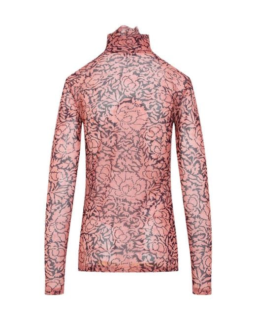 Dries Van Noten Red Long-Sleeved Sheer Turtleneck Blouse