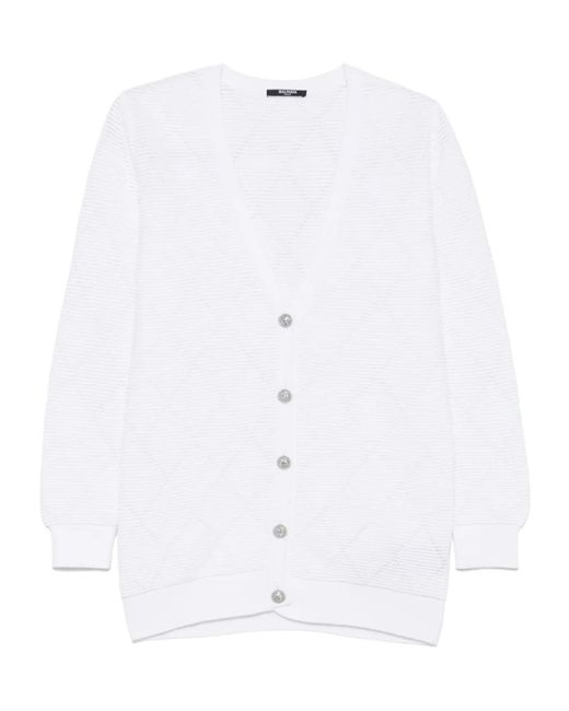 Balmain White Diamond-Pattern Cardigan