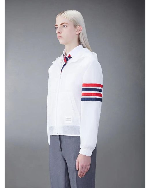 Thom Browne White 4-Bar Stripe Detailed Hooded Jacket