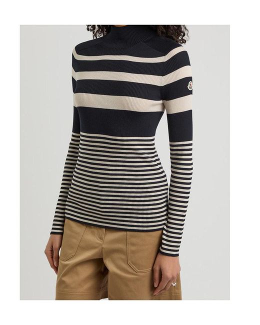 Moncler Blue Striped-Intarsia Ribbed Wool Top