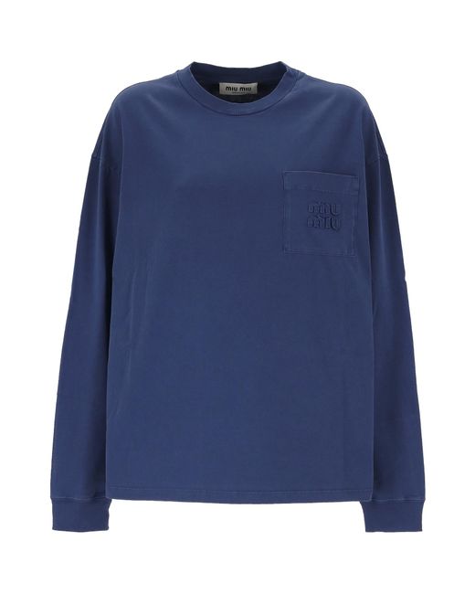 Miu Miu Blue Long-Sleeve Garment-Dyed Jersey T-Shirt