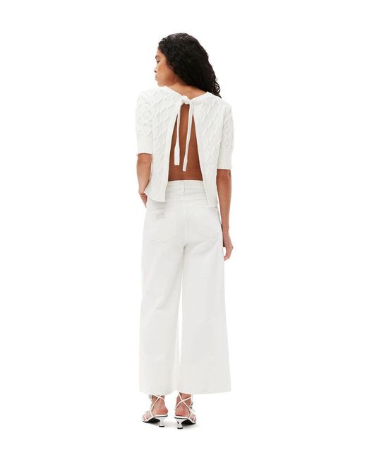 Ganni White Cotton Cable Open Back Top