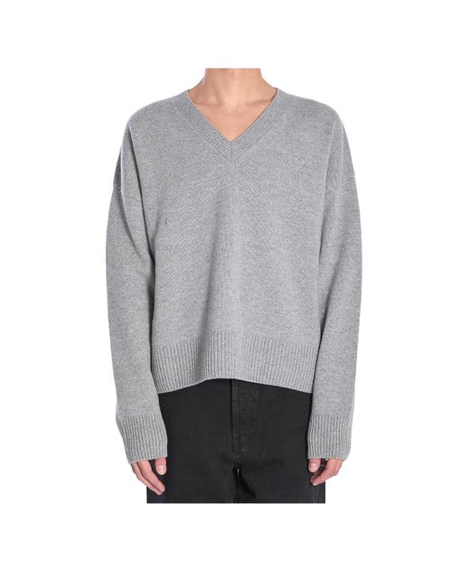 AMI Gray V-Neck Ribbed Sweater With Embroidered Logo for men
