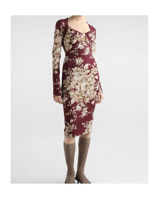 Dolce & Gabbana Red Floral-Print Long-Sleeve Midi Dress