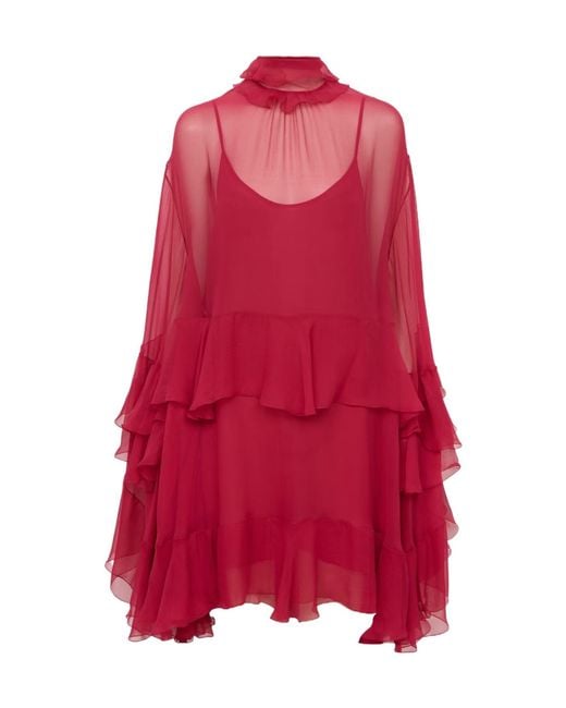 Chloé Red Chloé Sheer Detailed Ruffled Dress