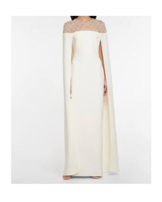 Safiyaa White Bridal Embellished Crepe Cape Gown