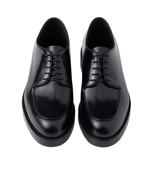 Prada Black Brushed Leather Derby Shoes for men