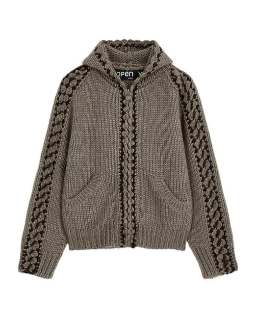 OPEN YY Brown Seam-Stitched Zip-Up Knit Hoodie