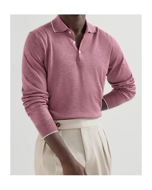 Brunello Cucinelli Pink Lightweight Plain Stitched Polo Shirt for men