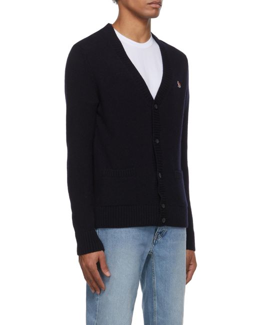 Maison Kitsuné Blue Maison Kitsuné V-Neck Long-Sleeved Cardigan for men