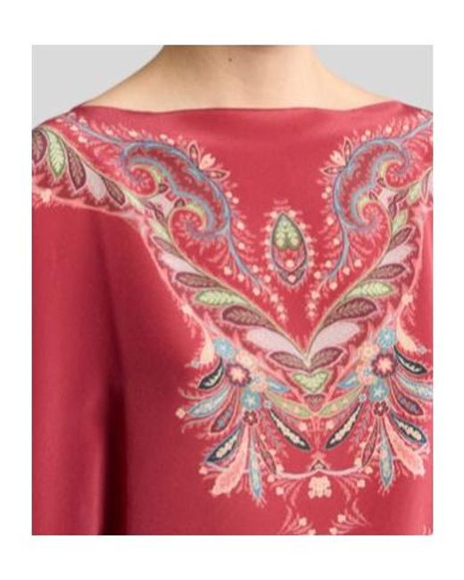 Etro Red Asymmetric Silk Poncho Top With Placed Print