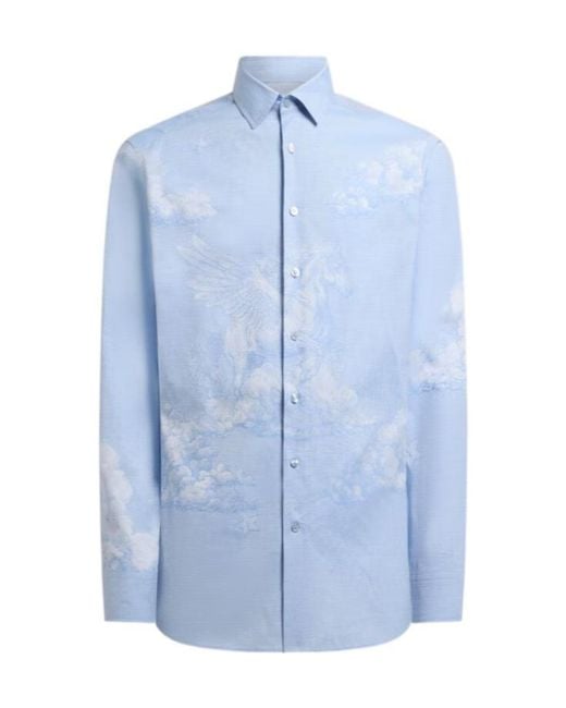 Etro Blue Cotton Shirt With Placed Pegaso Motif for men