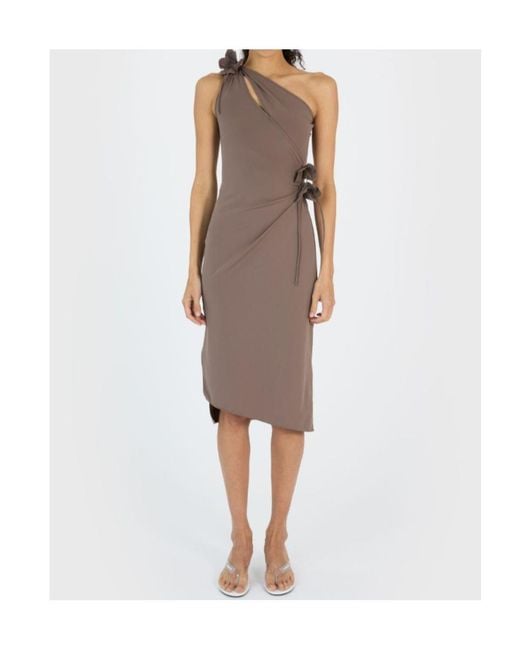 Coperni Gray One-Shoulder Flower Midi Gown Dress