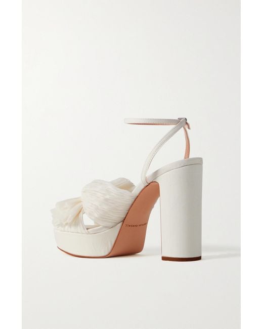 Loeffler Randall White Natalia Bow-Embellished Plissé-Organza Platform Sandals