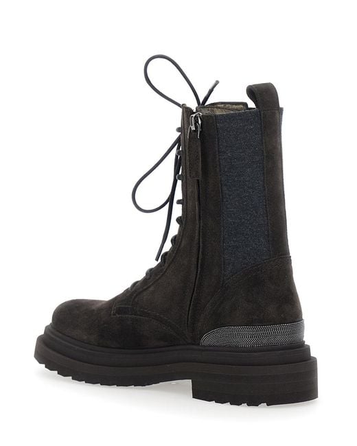 Brunello Cucinelli Black Lace-Up Combat Boots
