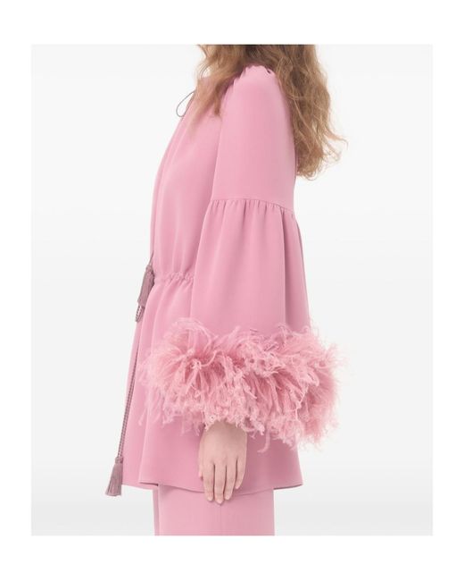 Valentino Pink Cady Couture V-Neck Feather-Trim Dress