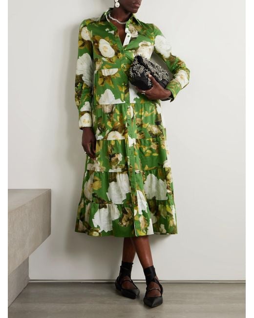 Erdem Green Layered Print Shirt Dress