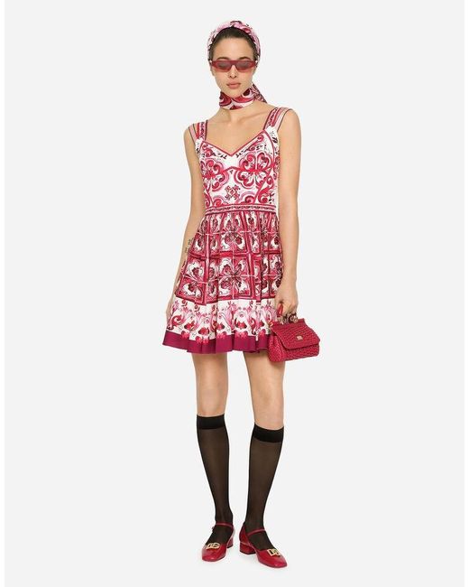 Dolce & Gabbana Red Short Majolica-Printed Charmeuse Bustier Dress