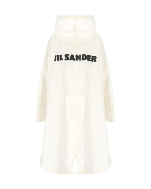 Jil Sander White Logo Printed Drawstring Coat
