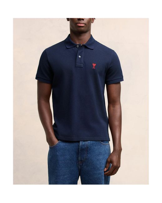 AMI Blue Logo Embroidered Short Sleeved Polo Shirt for men