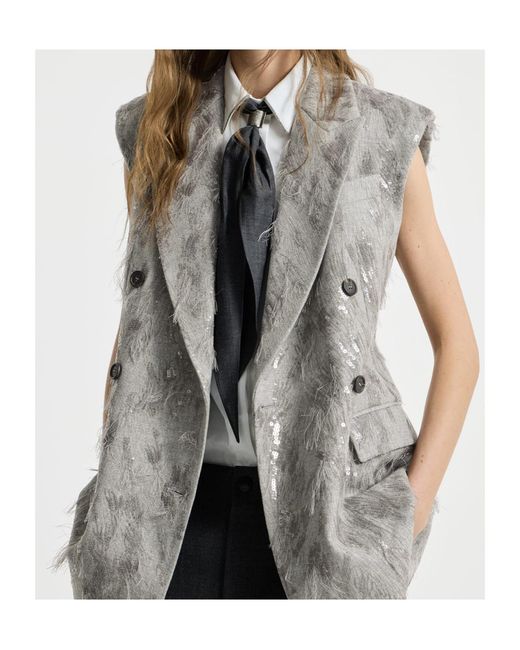 Brunello Cucinelli Gray Virgin Wool And Cashmere Twill Flannel Vest With Dazzling Lynx Embroidery