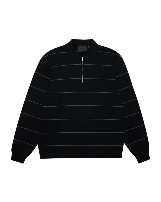 Rains Black Striped Knit Long-Sleeved Polo Shirt