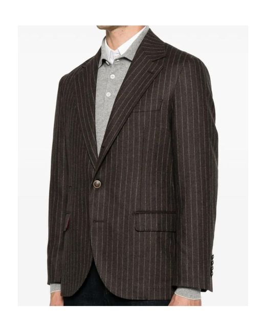 Brunello Cucinelli Black Pinstripe Peak-Lapel Blazer for men