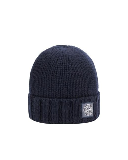Stone Island Blue Logo-Patch Wool Beanie for men